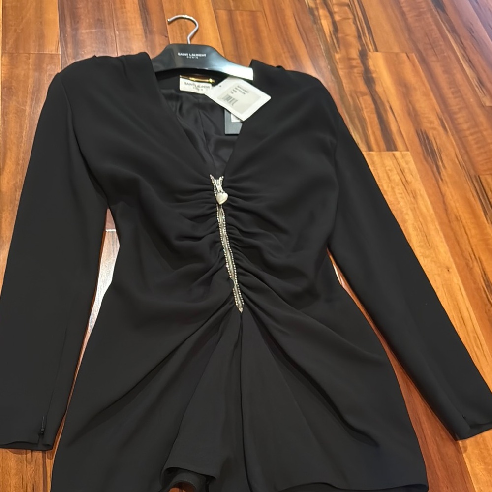 Saint Laurent Black Long Sleeve Ruched Romper with Silver Accent